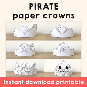 Pirate Paper Crowns Pirate Captain Parrot Shark Printable Costume DIY Party Kids Headband paper hat Craft Birthday Favor Coloring Download
