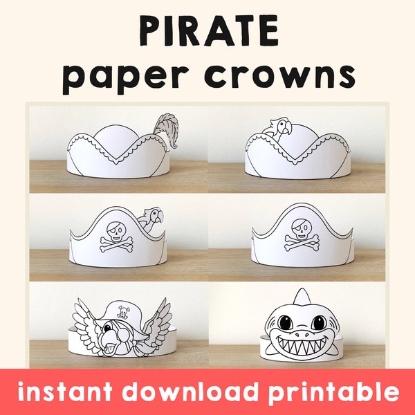 Pirate Papier Couronnes Pirate Capitaine Perroquet Requin Imprimable Costume DIY Fête Enfants Bandeau papier chapeau Artisanat Anniversaire Faveur Coloriage Télécharger