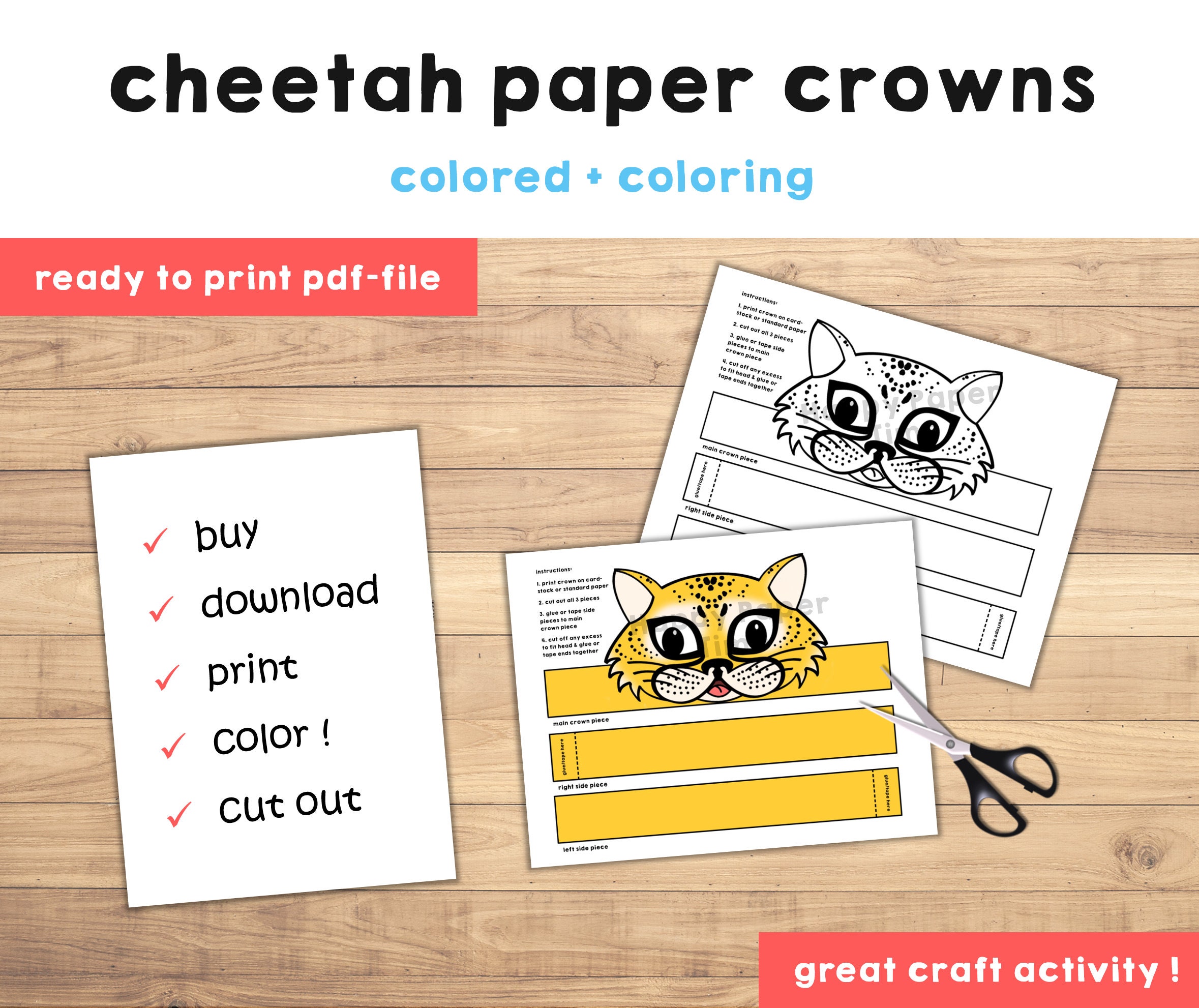 Cheetah Paper Crown Party Coloring Printable Kids Craft Safari Birthday ...