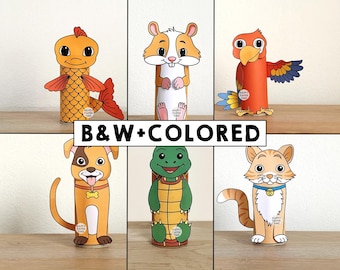 Pets animals Toilet Paper Roll Craft Pet Party Coloring Printable Decoration Kids Play Cut out Glue DIY Cat Dog Hamster - Instant Download
