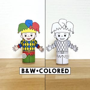 Jester Toilet Paper Roll Craft Medieval Fantasy Party Coloring Printable Decoration Kids Play Cut out Glue DIY - Instant Download image 1