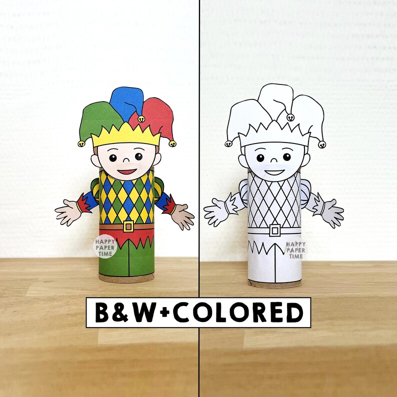 Jester Toilet Paper Roll Craft Medieval Fantasy Party Coloring Printable Decoration Kids Play Cut out Glue DIY - Instant Download image 1