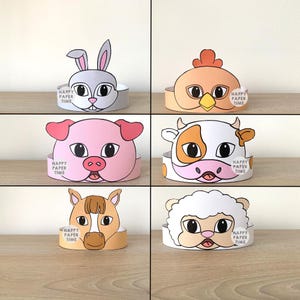 農場の動物の紙製の王冠 豚 ポニー 牛 ウサギ 羊 鶏 印刷可能 キッズクラフト 誕生日パーティーの記念品 コスチューム DIY 印刷可能 即時ダウンロード