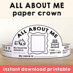 Alles über mich Papier Krone Back To School Hut Stirnband Färbung druckbare Kinder Handwerk Geburtstag druckbare Bevorzugung DIY - Instant Download