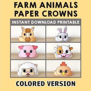 Farm animals Paper Crowns Pig Pony Cow Rabbit Sheep Chicken Printable Kids Craft Birthday Party Favor Costume DIY Printable Instant Download
