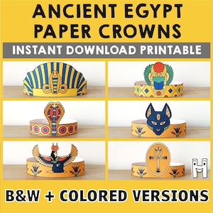 Antico Egitto Corone di carta Faraone Cobra Cleopatra Iside Scarabeo Gatto Ankh Stampabile Bambini Artigianato Festa di compleanno Favore Costume Fai da te Scarica