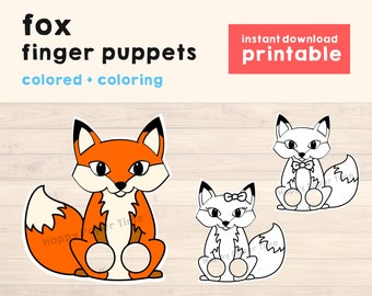 Manualidad de zorro de papel imprimible, títere de dedo, manualidad infantil, fiesta de cumpleaños de animales, bosque, papel para colorear, impresión - Descarga instantánea