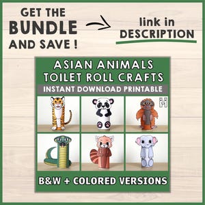 Peut inclure: Mod&egrave;les d'artisanat imprimables repr&eacute;sentant des animaux asiatiques, notamment un tigre, un panda, un orang-outan, un serpent, un panda roux et un &eacute;l&eacute;phant. Les mod&egrave;les sont con&ccedil;us pour &ecirc;tre utilis&eacute;s avec des rouleaux de papier toilette. L'image comprend le texte "Asian Animals Toilet Roll Crafts Instant Download Printable".