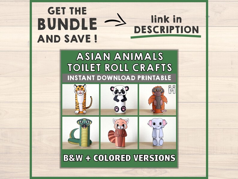 Peut inclure: Mod&egrave;les d'artisanat imprimables repr&eacute;sentant des animaux asiatiques, notamment un tigre, un panda, un orang-outan, un serpent, un panda roux et un &eacute;l&eacute;phant. Les mod&egrave;les sont con&ccedil;us pour &ecirc;tre utilis&eacute;s avec des rouleaux de papier toilette. L'image comprend le texte "Asian Animals Toilet Roll Crafts Instant Download Printable".