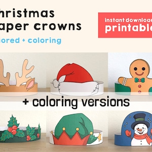 Christmas Paper Crowns activity Printable Kids Craft Hats Winter Holiday Party Favor Costume DIY Printable Template - Instant Download