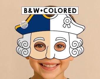 George Washington paper mask costume American President coloring craft activity party favor US printable mask - Instant Download PDF
