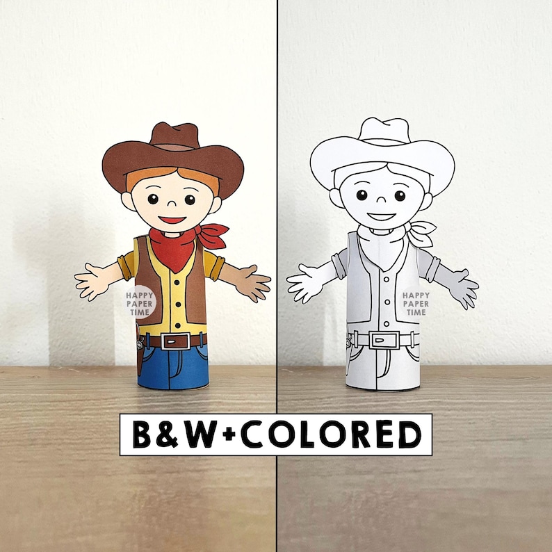 Cowboy Toilet Paper Roll Craft Wild West Party Coloring Printable Decoration Kids Cut No Prep, Instant Download image 1