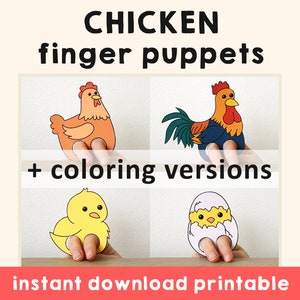 Chicken puppet paper craft printable Finger Puppet Kids Craft Animal Birthday Party Farm animal Coloring paper print out - Instant Download