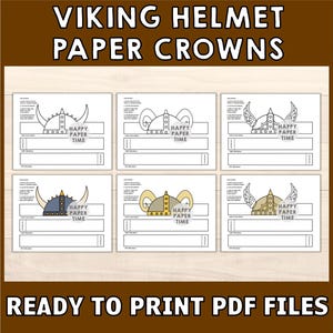 May include: Printable paper crown templates featuring six different Viking helmet designs. Each template includes the text "Happy Paper Time".