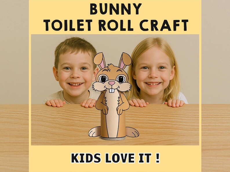 May include: Two children, a boy and a girl, are smiling and looking at the camera. They are holding a toilet paper roll craft of a brown bunny with big eyes and a toothy grin. The craft is labeled "Bunny Toilet Roll Craft" and "Kids Love It!"