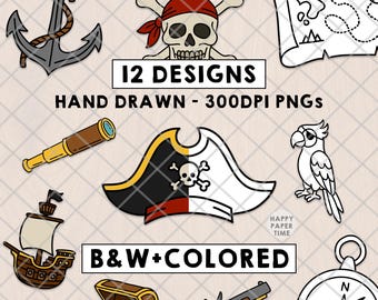 Piraten-Cliparts, Linien-Cliparts, Geschichte, PNG-Klassenzimmerdekoration, Schatzabenteuer-Grafiken, handgezeichnete Doodle-Cartoon-Design-Bundle-Sets