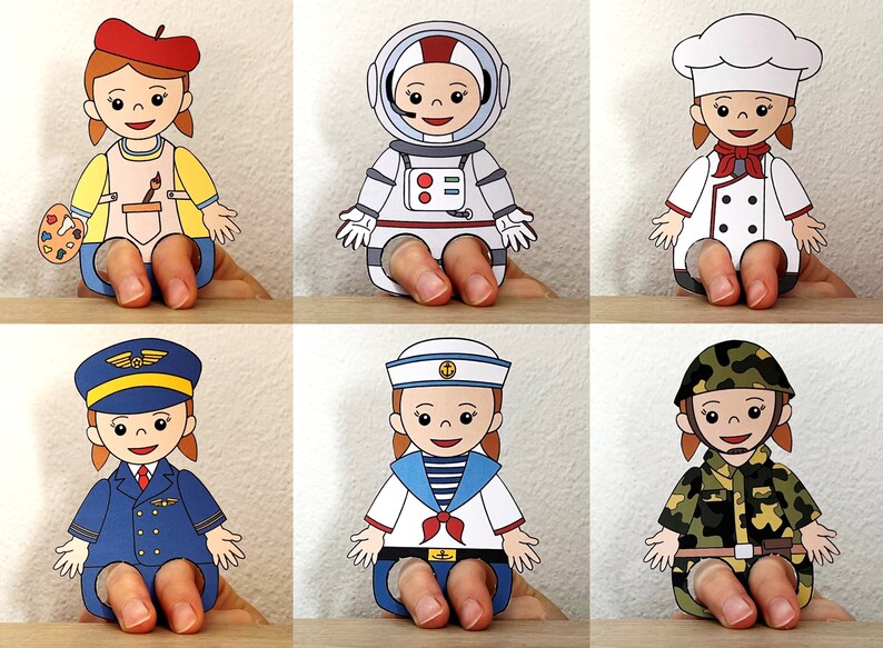 May include: Six finger puppets depicting different professions. The puppets are all wearing different outfits and hats, including a painter, astronaut, chef, pilot, sailor, and soldier.
