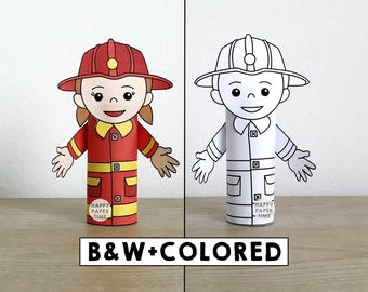 Firefighter Toilet Paper Roll Craft Fireman Party Coloring Printable Decoration Kids Career Day Community Helpers Cut DIY - Instant Download