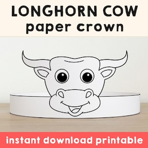 Cow Longhorn Paper Crown Headband Party Coloring Printable Kids Craft Wild West Costume Birthday Printable Favor DIY - Instant Download