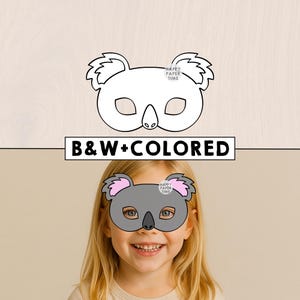 May include: A koala bear mask in black and white, and in grey with pink accents. The text "B&W+COLORED" is displayed below the masks. The mask is designed for children's costumes or crafts.