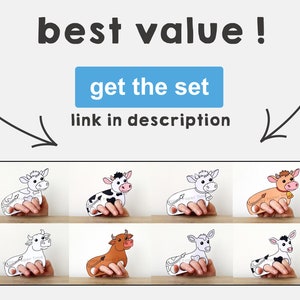Peut inclure: Ensemble de huit marionnettes &agrave; doigts imprimables repr&eacute;sentant des vaches dans diff&eacute;rentes poses et combinaisons de couleurs. Les marionnettes sont con&ccedil;ues pour le jeu et la narration des enfants.