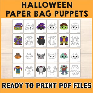 Puede incluir: Una colecci&oacute;n de dise&ntilde;os de marionetas de bolsa de papel con tem&aacute;tica de Halloween. La imagen presenta varios personajes, incluyendo una bruja, un gato, un zombi y un murci&eacute;lago. El texto en la parte superior dice "HALLOWEEN PAPER BAG PUPPETS" y en la parte inferior "READY TO PRINT PDF FILES."