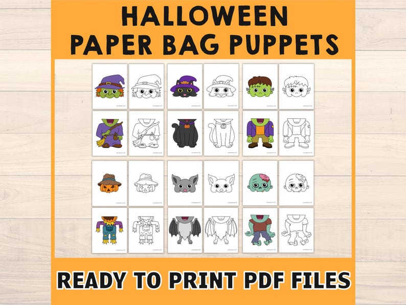 Puede incluir: Una colecci&oacute;n de dise&ntilde;os de marionetas de bolsa de papel con tem&aacute;tica de Halloween. La imagen presenta varios personajes, incluyendo una bruja, un gato, un zombi y un murci&eacute;lago. El texto en la parte superior dice "HALLOWEEN PAPER BAG PUPPETS" y en la parte inferior "READY TO PRINT PDF FILES."