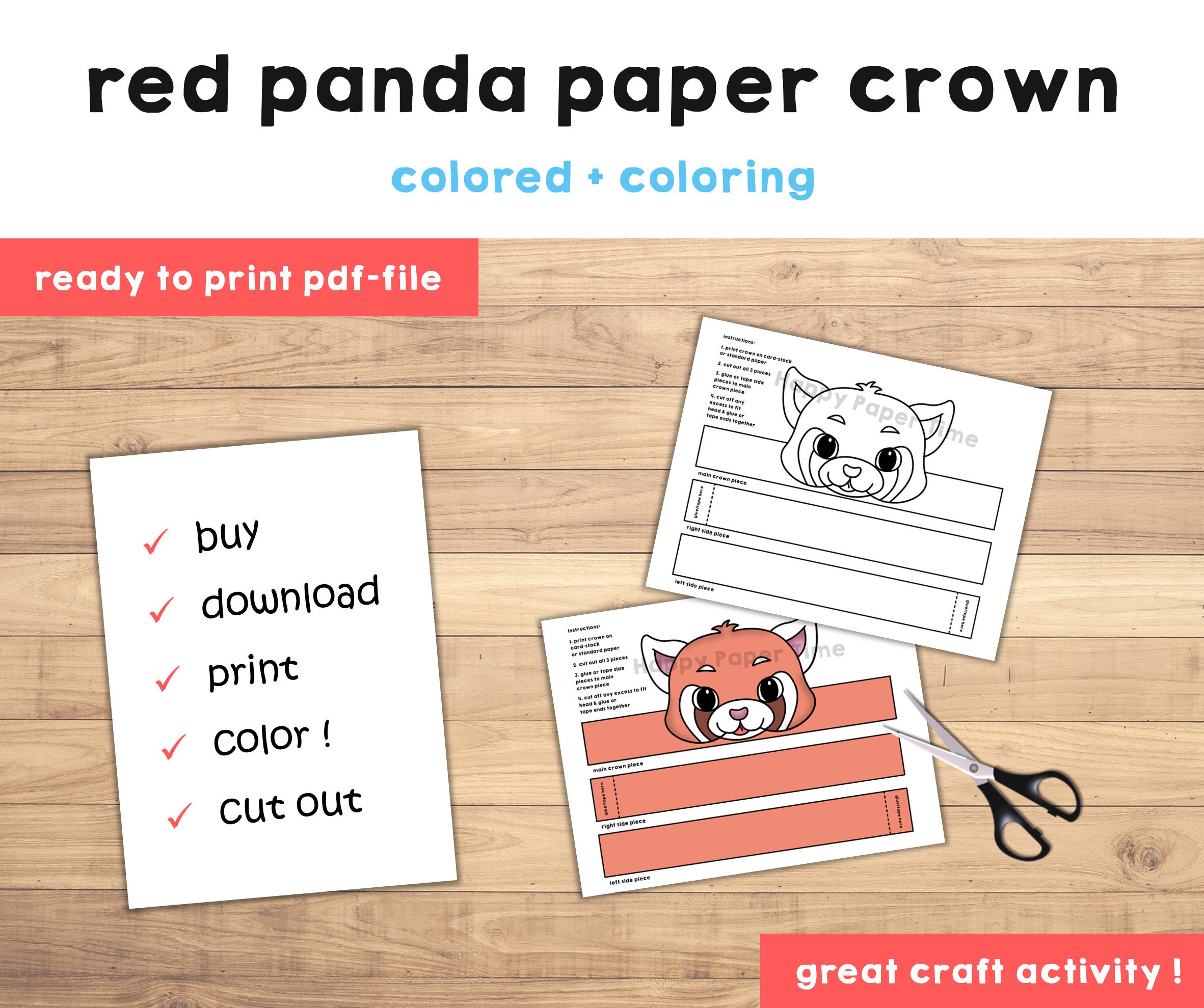 Red Panda Paper Crown Party Coloring Printable Kids Craft Woodland ...