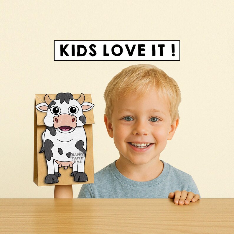 May include: A brown paper bag puppet featuring a white cow with black spots, horns, and a pink snout. The text "KIDS LOVE IT !" is displayed above the puppet. The cow design includes the small text "HAPPY PAPER TIME" on its lower body.