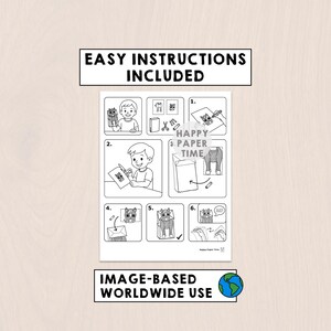 Puede incluir: Una hoja de instrucciones en blanco y negro con el texto "EASY INSTRUCTIONS INCLUDED" y "IMAGE-BASED WORLDWIDE USE". La hoja muestra instrucciones paso a paso para un proyecto de manualidades en papel, incluyendo cortar y doblar.