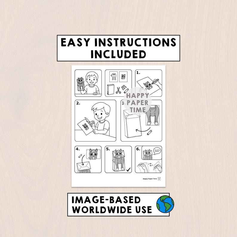 Puede incluir: Una hoja de instrucciones en blanco y negro con el texto "EASY INSTRUCTIONS INCLUDED" y "IMAGE-BASED WORLDWIDE USE". La hoja muestra instrucciones paso a paso para un proyecto de manualidades en papel, incluyendo cortar y doblar.