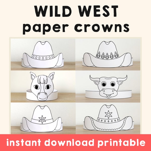 Wild West Paper Crown Coloring Headband Cowboy Sheriff Cowgirl Party Activity Printable Kids Craft Costume Favor Instant Download