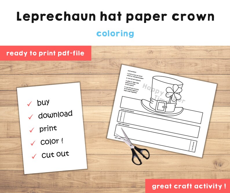 Leprechaun Hat Paper Crown Headband St Patrick's Day Party Coloring ...