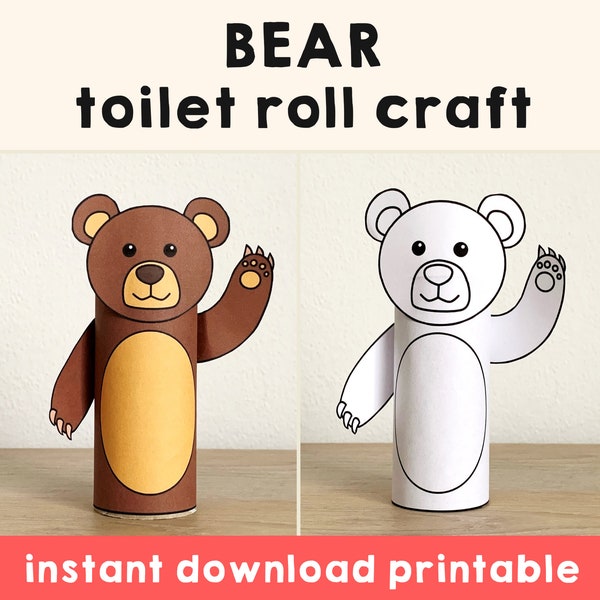 Bear Toilet Paper Roll Craft Forest Woodland Party Coloring Printable Decoration Kids Wild Play Cut out Glue DIY - Instant Download