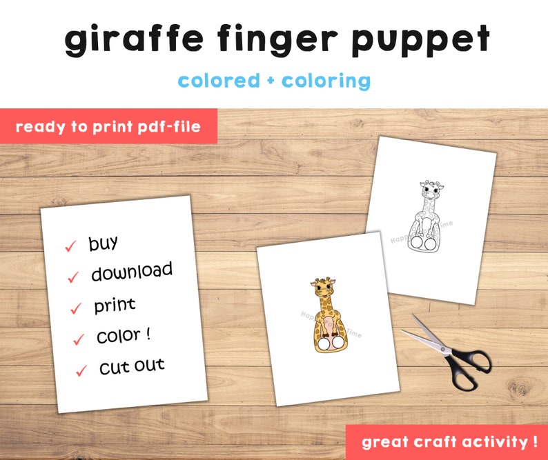 Puede incluir: Actividad de manualidades de t&iacute;tere de dedo de jirafa imprimible. Incluye una p&aacute;gina coloreada y una p&aacute;gina para colorear. Las instrucciones incluyen: comprar, descargar, imprimir, colorear y recortar.