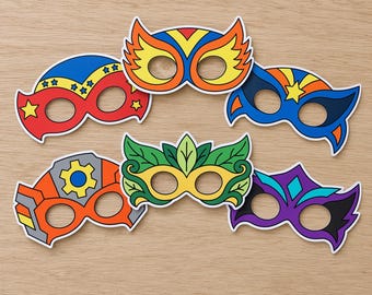 Superheldenmasken-Set zum Ausdrucken (6er-Set, PDF), vorgefärbtes Papier zum Basteln, Kinderkostüme für Partys, Kinder- und Erwachsenengrößen, Sofort-Download