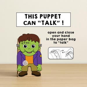 Sac en papier Frankenstein marionnette imprimable Halloween artisanat activité pâte à découper coloriage anniversaire cadeau de fête téléchargement immédiat image 7