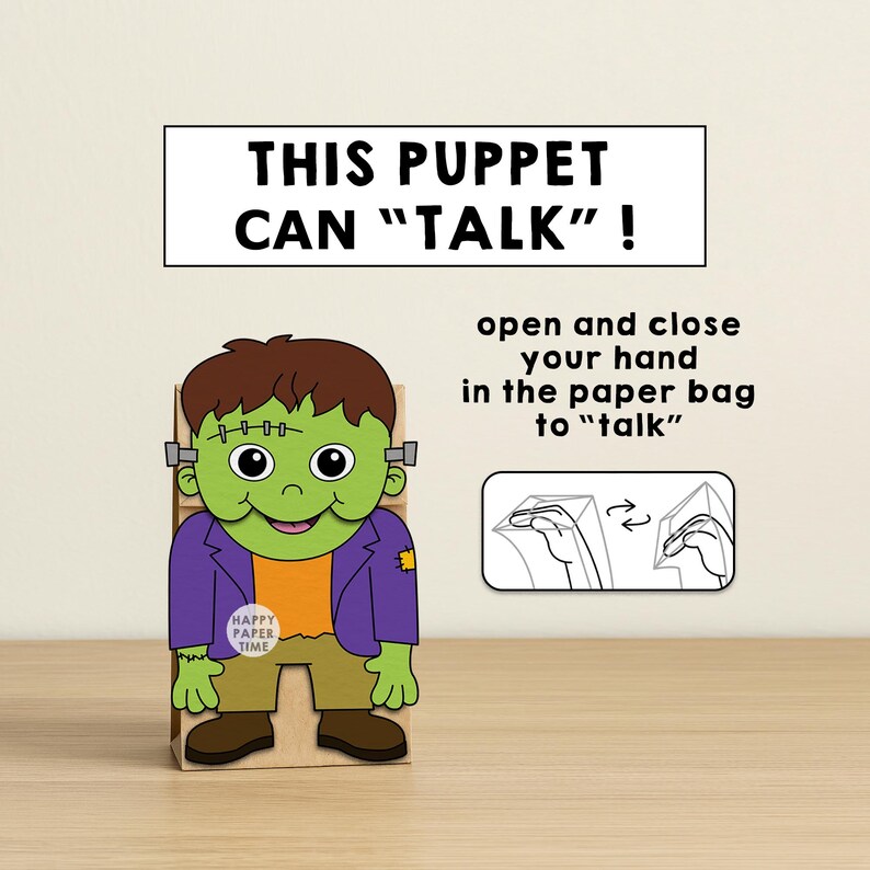 Sac en papier Frankenstein marionnette imprimable Halloween artisanat activité pâte à découper coloriage anniversaire cadeau de fête téléchargement immédiat image 7