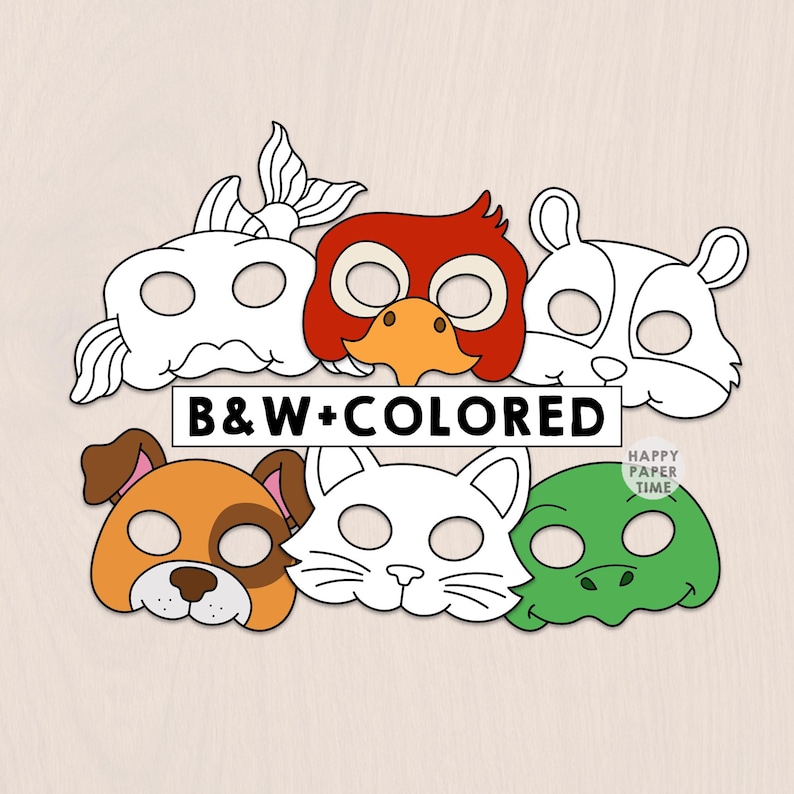 Máscaras de papel de animales domésticos, disfraz para niños, actividad para colorear y manualidades, recuerdo de fiesta, máscara de animal imprimible - Descarga instantánea en PDF imagen 1