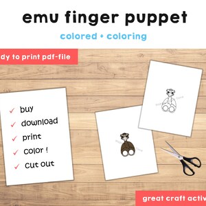 Op de afbeelding: Printbare Emu-vingerpppet knutsel activiteit. De afbeelding toont een gekleurde en een zwart-witte versie van de pop. De instructies omvatten: kopen, downloaden, printen, kleuren en uitsnijden. De tekst "Happy Time" staat op de pop.