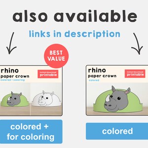 Op de afbeelding: Twee printbare neushoorn papieren kroonontwerpen. Het eerste ontwerp is gekleurd en het tweede ontwerp is zwart-wit om in te kleuren. Beide ontwerpen hebben de tekst "Direct download printbaar" erop.