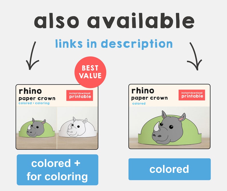Op de afbeelding: Twee printbare neushoorn papieren kroonontwerpen. Het eerste ontwerp is gekleurd en het tweede ontwerp is zwart-wit om in te kleuren. Beide ontwerpen hebben de tekst "Direct download printbaar" erop.