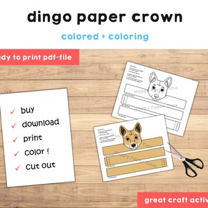 Puede incluir: Actividad de manualidades de corona de papel de dingo imprimible. La imprimible incluye una versi&oacute;n coloreada y una versi&oacute;n para colorear de la corona. Las instrucciones incluyen: comprar, descargar, imprimir, colorear y recortar.