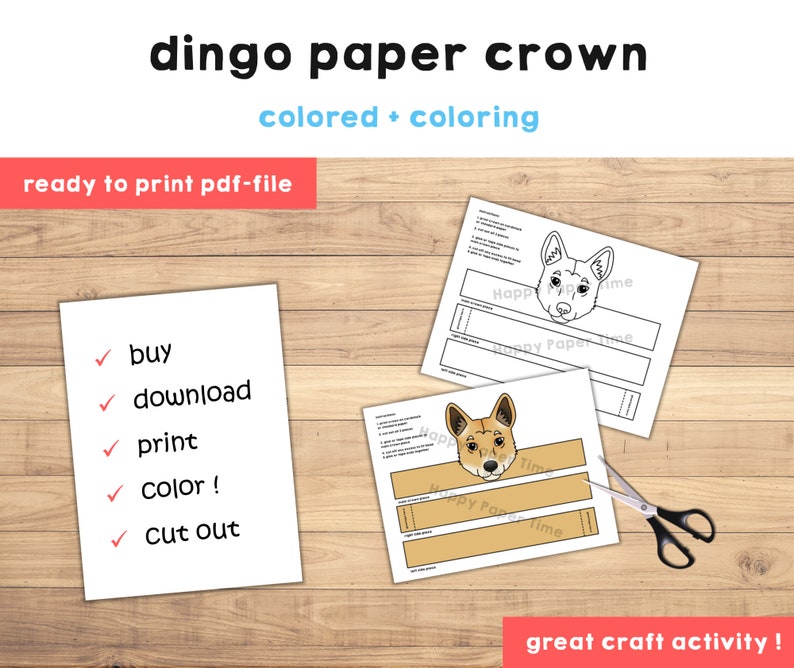 Puede incluir: Actividad de manualidades de corona de papel de dingo imprimible. La imprimible incluye una versi&oacute;n coloreada y una versi&oacute;n para colorear de la corona. Las instrucciones incluyen: comprar, descargar, imprimir, colorear y recortar.