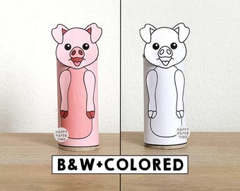 Manualidad de cerdo con rollo de papel higiénico, animal de granja para fiestas, colorear, imprimir, decorar, jugar con niños, recortar, pegar, bricolaje - Descarga instantánea