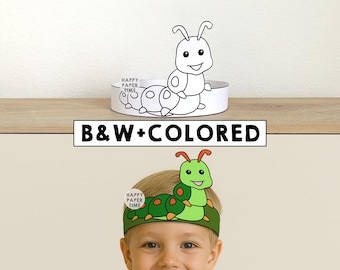 Caterpillar Paper Crown Headband Party Coloring Activity Printable Kids Craft Bug Insect Birthday Favor pdf Costume DIY Cut Instant Download