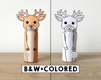 Manualidad de ciervo con rollo de papel higiénico, bosque, fiesta, colorear, imprimir, decorar, niños, juego salvaje, recortar, pegar, bricolaje - Descarga instantánea