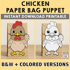 Chicken Paper Bag Puppet Printable Farm Animal Craft Activity Cut Paste Coloring Party Favor Instant Download