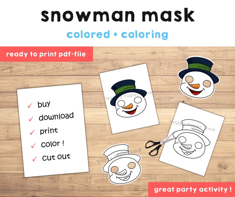 K&ouml;nnte beinhalten: Ausdruckbare Schneemann-Masken-Bastelvorlage. Enth&auml;lt eine farbige und eine Schwarzwei&szlig;-Version. Die Anleitung umfasst Kaufen, Herunterladen, Drucken, Ausmalen und Ausschneiden.  Tolles Party-Spiel!