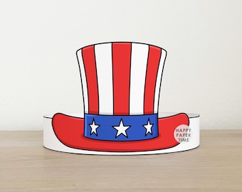 Uncle Sam hat Paper Crown Party Activity Printable Kids Craft America 4th July Party Favor Birthday Decor pdf DIY Instant Download